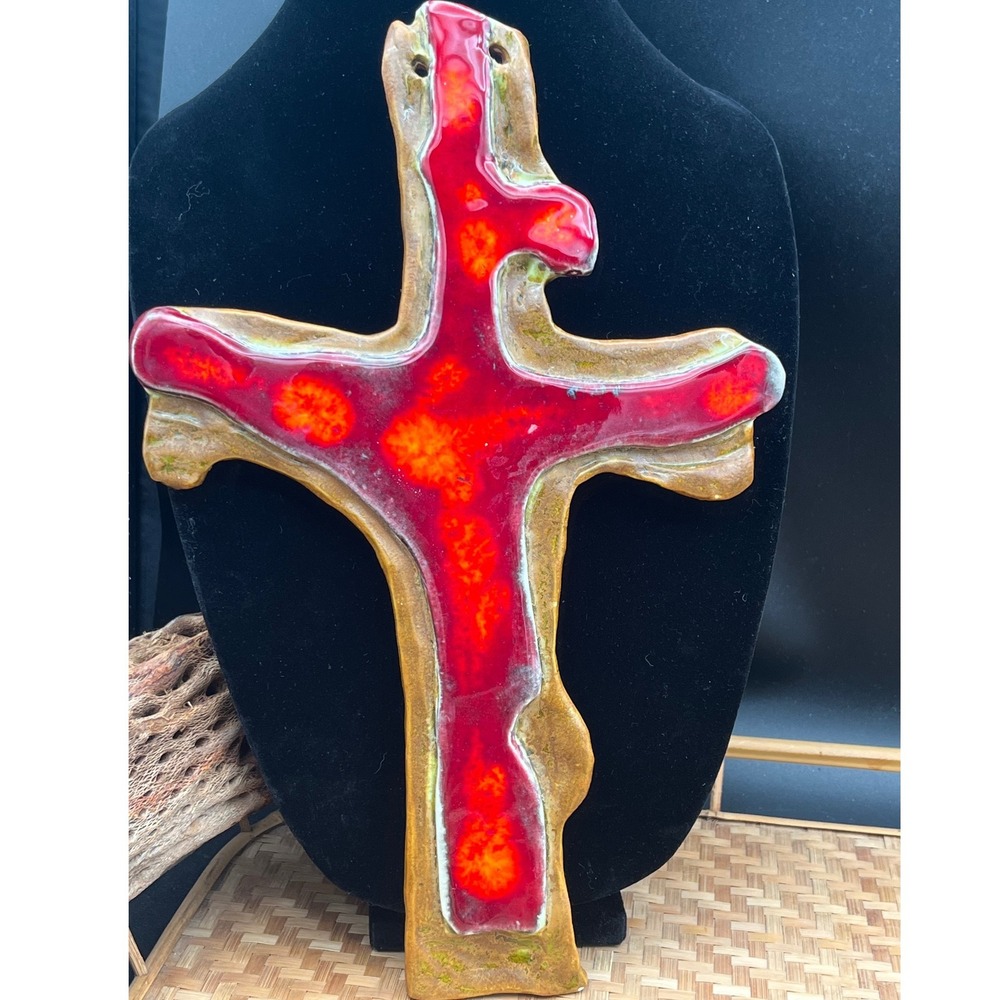 Artisan Ceramic‎ Lava Glaze Terracotta Cross Red Orange Southwest Decor 11.5in